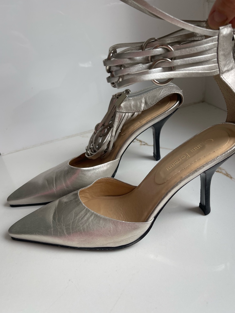 Gianni Fermani leather Silver Pointed-Toe Strappy Heels size 8
